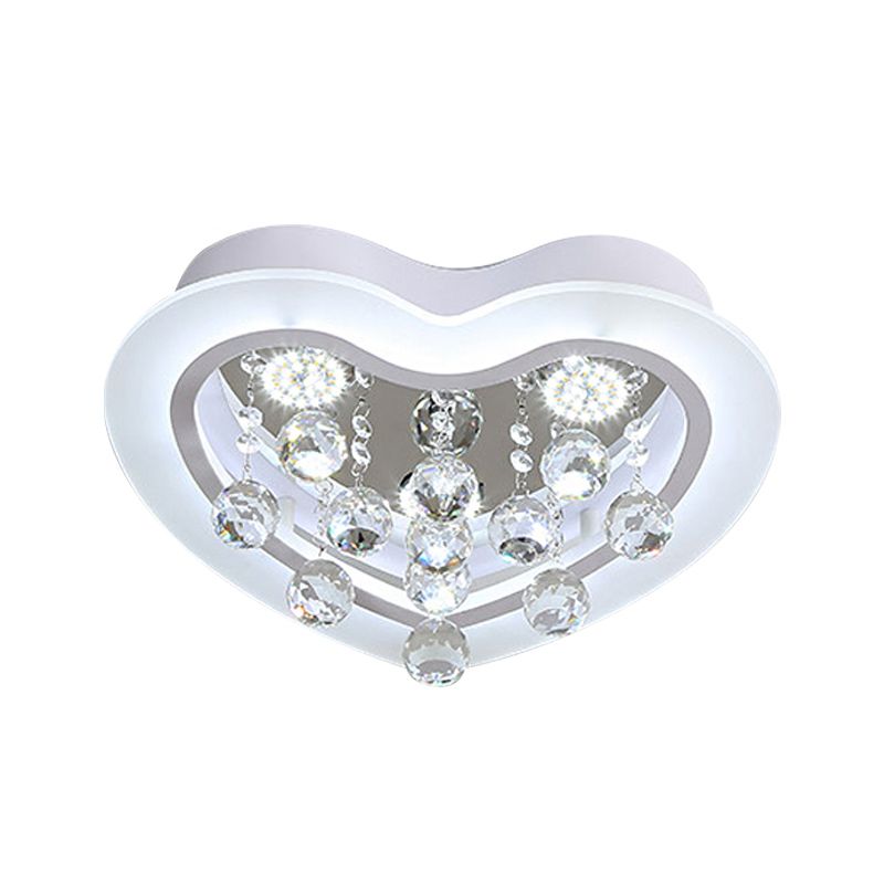 16"/19.5" W Acrylic Heart Flush Light Fixture Minimalism LED Bedroom Ceiling Lighting in White with Crystal Orb