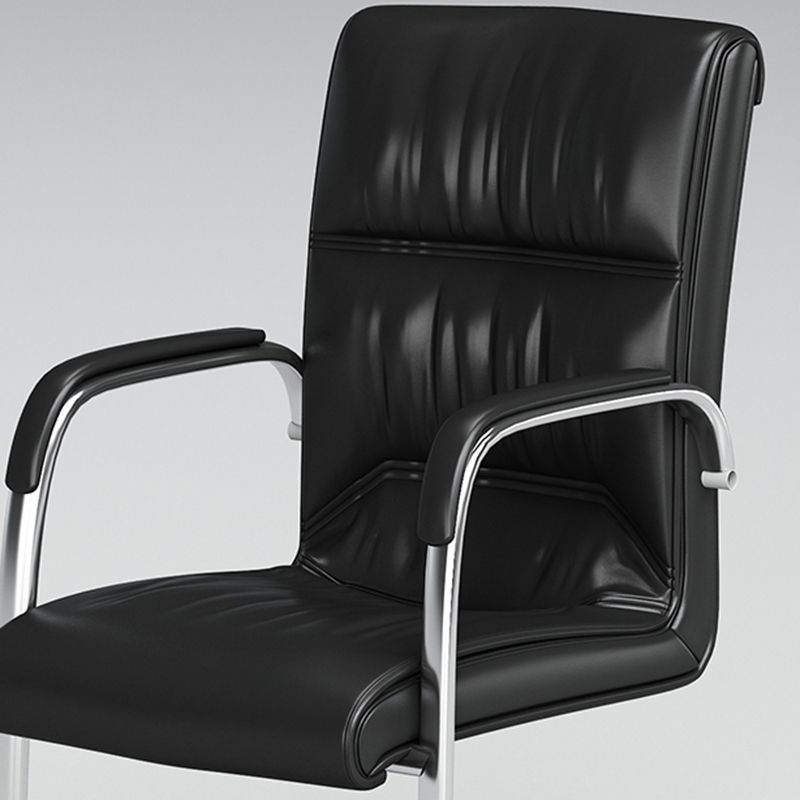 Modern No Wheels Desk Chair Faux Leather Black Mid-Back Chair