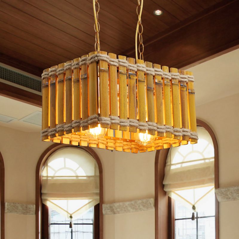 Bamboo Yellow Chandelier Lighting Rectangle 2 Bulbs Industrial Style Ceiling Hang Fixture with Rope