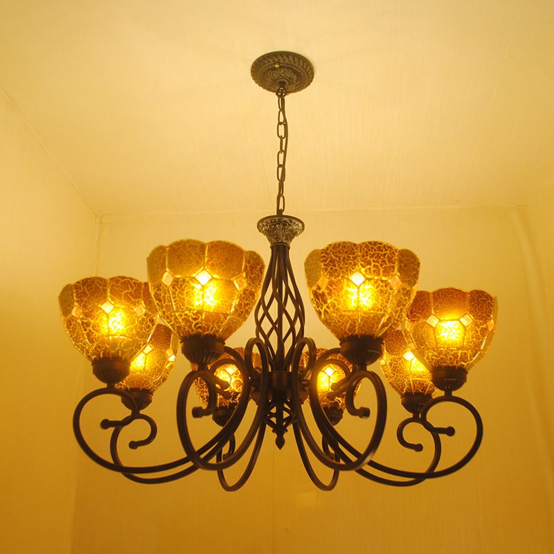 Curved Arm Chandelier Lighting Fixture Tiffany Tan Crackle Glass 8 Lights Gold Pendant Lamp