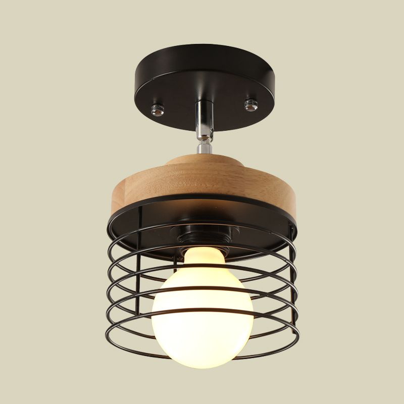 Iron Drum Cage Flush Ceiling Light Rotatable 1 Light Simple Stylish Ceiling Lamp for Balcony