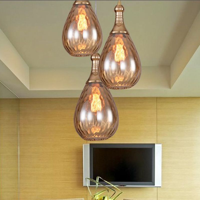 1-Head Hanging Light Fixture Vintage Teardrop Amber Water Glass Ceiling Pendant Lamp for Stairway