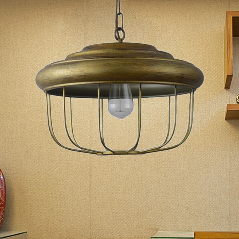 1-Light Hanging Pendant Light with Drum Shade Iron Rustic Farmhouse Ceiling Light in Antique Brass