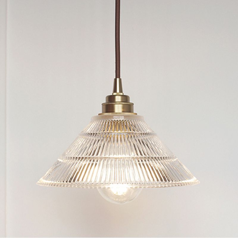 Cone Clear Ribbed Glass Pendulum Light Minimalist 1-Light Dining Table Suspension Lamp in Brass