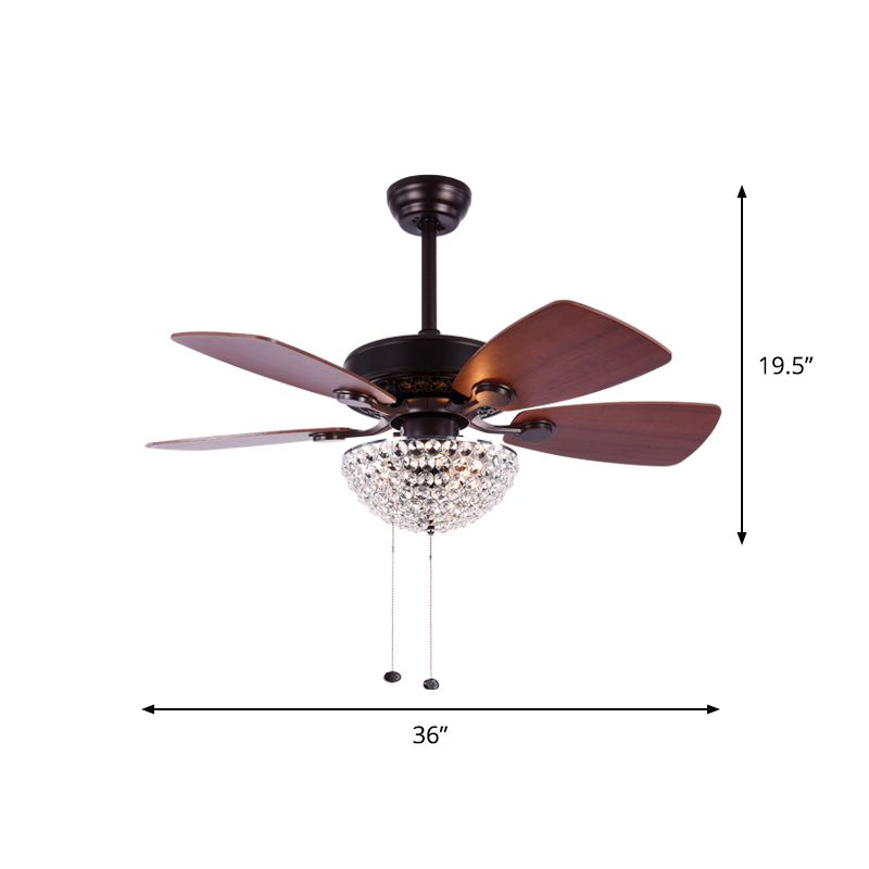 Crystal Embedded Dome Ceiling Fan Light Modernist LED Semi Flush Lamp with 4 Red Brown Blades, 36" Wide