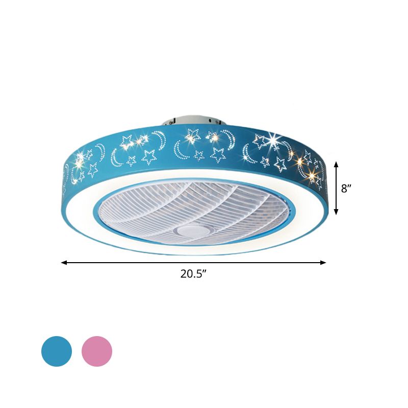 20.5" W LED Drum Pendant Fan Lighting Contemporary Pink/Blue Finish Acrylic Semi Flush Lamp with Moon and Star Pattern, 7 Blades