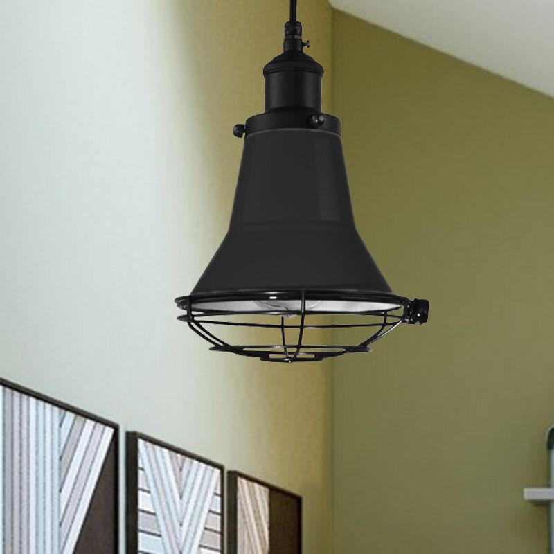 Glockenschlafzimmer Deckenleuchte Industrial Metall 1-Licht Schwarz/Weiß/Gelb Anhänger Deckenlicht mit Drahtkäfigschatten