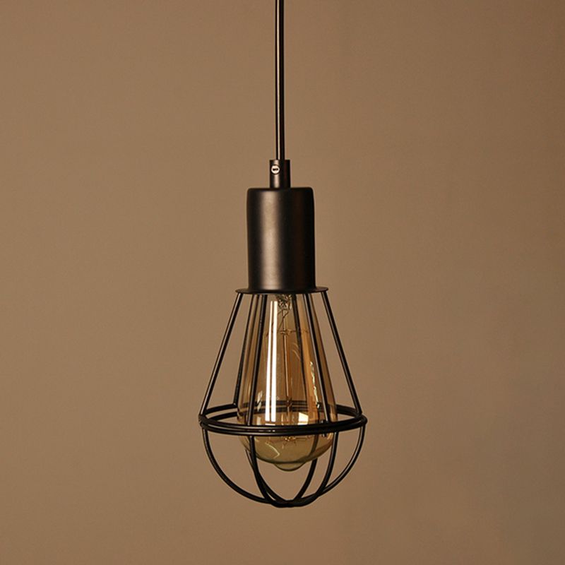 Black Industrial Style Ceiling Pendant Wire Cage Wrought Iron Light Kit for Dining Room