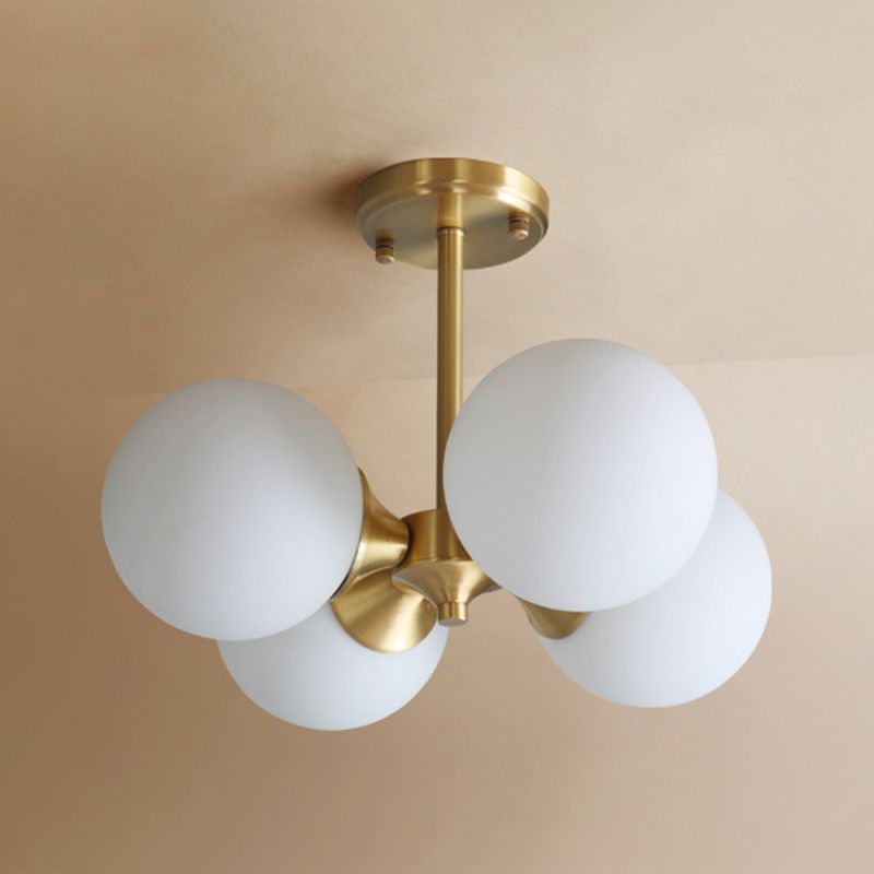 Post-Modern Metal Hanging Chandelier Light Opal Glass Shade 4 Light Ceiling Chandelier in Gold  for Bedroom