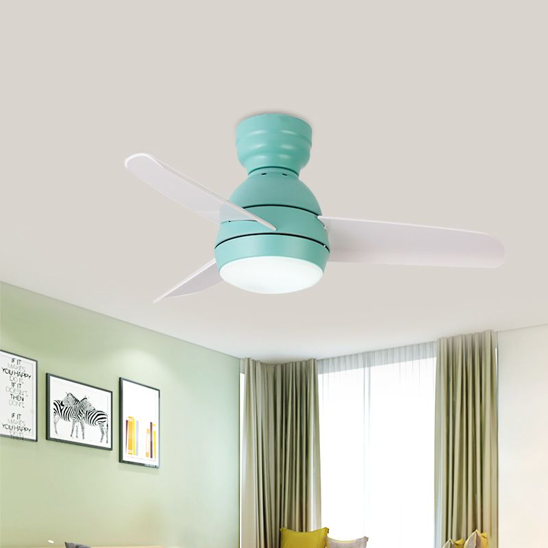 33.5" W LED Ceiling Fan Light Kids Dome Metal Semi Flushmount in Pink/Green/White with 3 White Plastic Blades, Wall/Remote Control