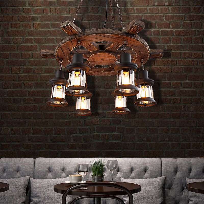 Lantern Restaurant Ceiling Chandelier Coastal Metal 6 Lights Balck Pendant Lamp with Wooedn Rudder Decoration