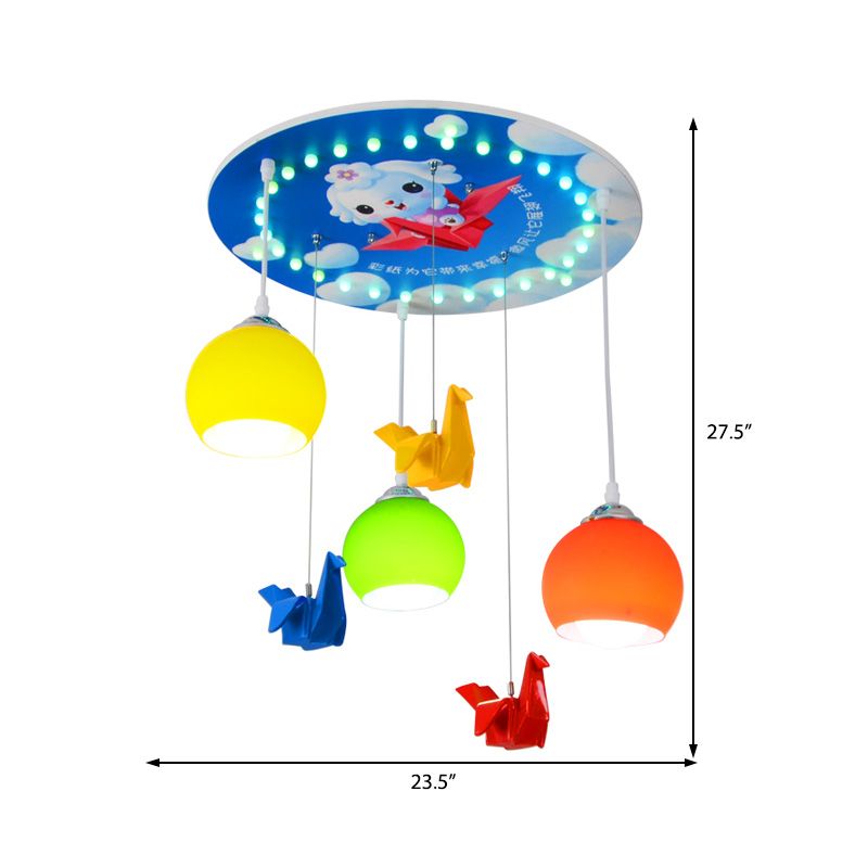 Estilo de dibujos animados con cúpula de colgante con copa de vidrio amarillo y verde 3 lámpara de colgar de dormitorio ligero con dosel redondo en azul