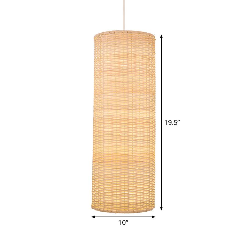 Minimalist Column Hanging Light Bamboo Rattan 1 Head Living Room Ceiling Pendant in Beige