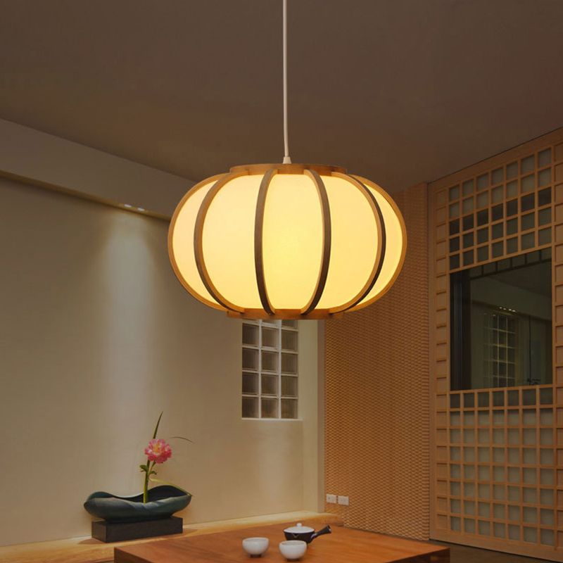 Simplicity Curved Drum Suspension Light Bamboo 1-Light Tea Room Pendant Light in Wood