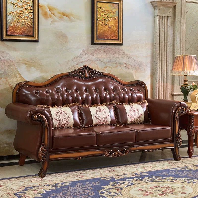 47" High Contemporary Genuine Leather Rolled Arm Sofa with Camel Back for Apartment