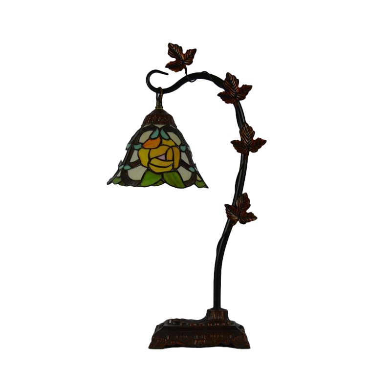 Rose/White/Dragonfly Nightstand Mediterranean Stained Glass Single Head Brown Table Lamp with Bridge Arm