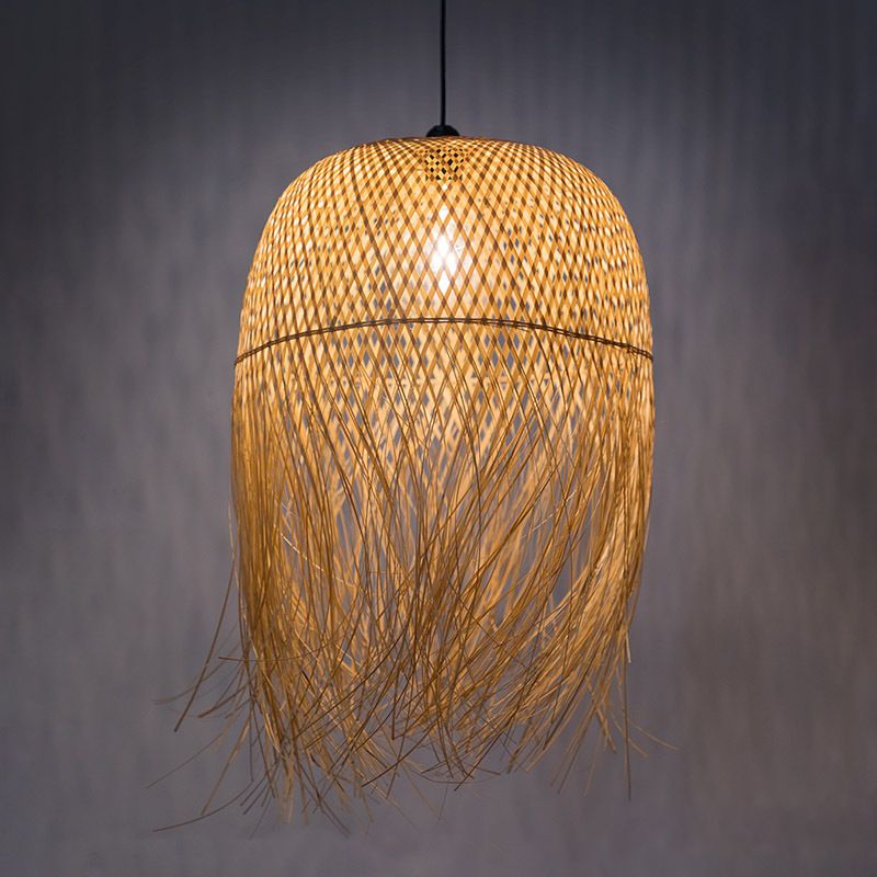 Wood Fringe Hanging Lamp Retro 1 Head Bamboo Ceiling Pendant Light for Restaurant