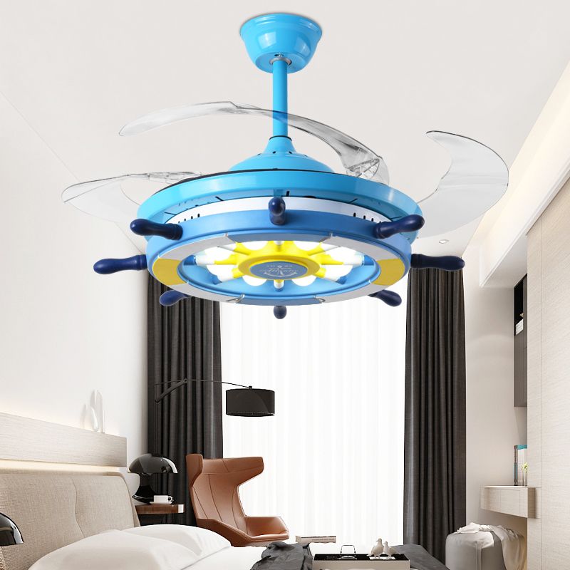 Blue Rudder Pendant Fan Light Fixture Children Style Metal LED Semi Flush Light