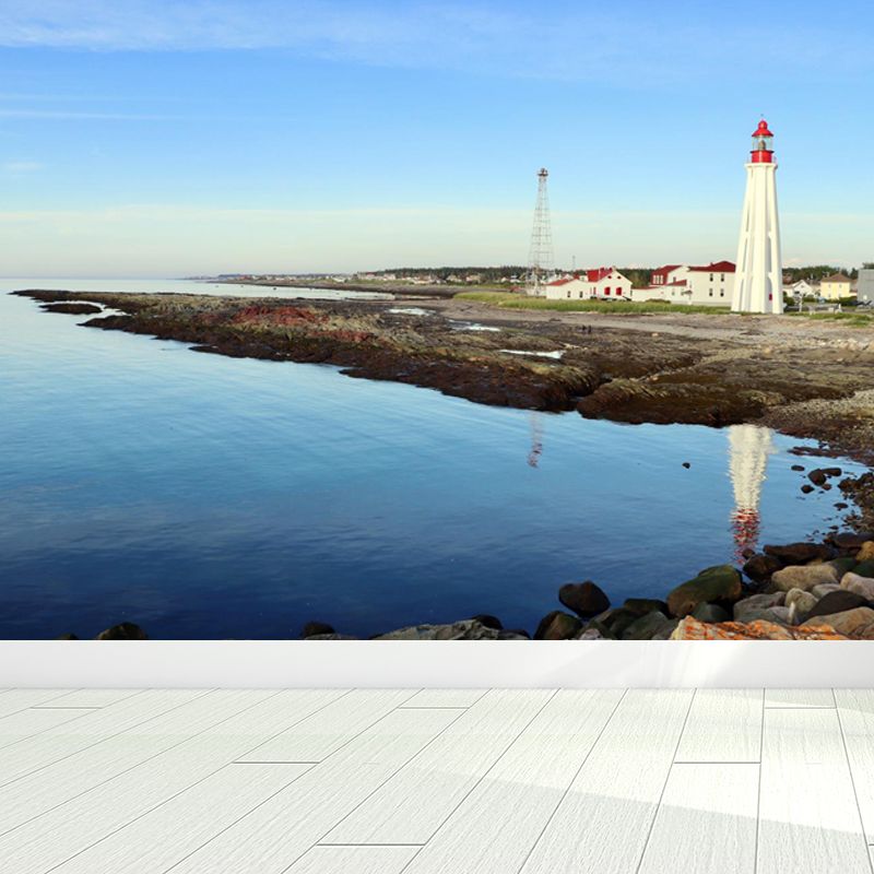 Full Size Photography Nautical Mural Wallpaper with Lighthouse Landscape in Blue