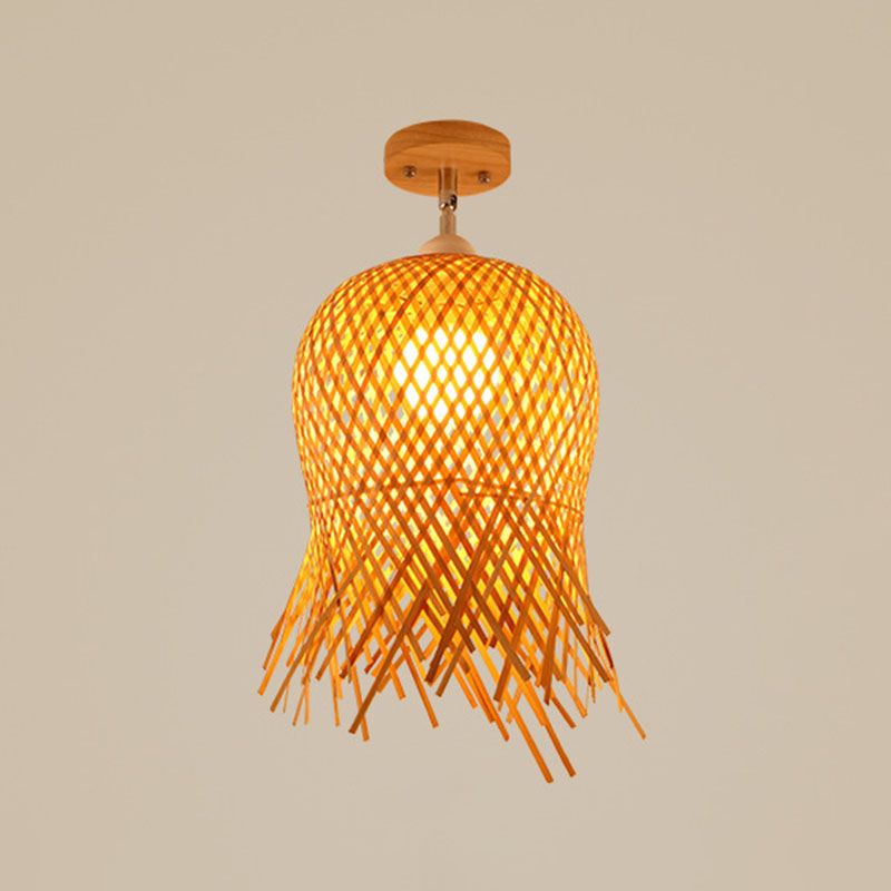 Geometric Semi Flush Mount Light Asian Bamboo Single Aisle Ceiling Flush Lamp in Wood