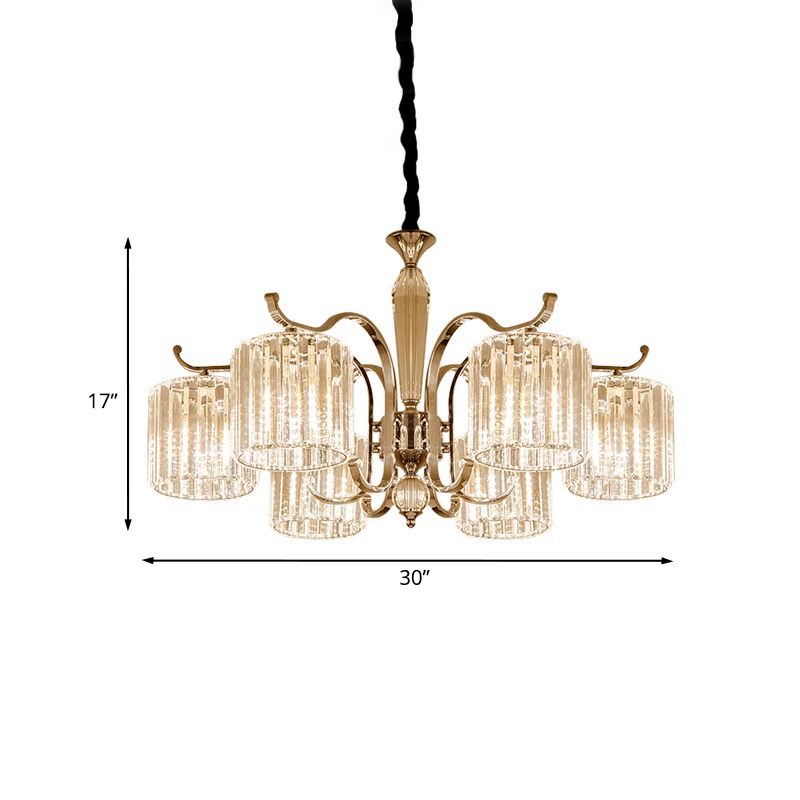 Modernist Cylindrical Suspension Light 6 Heads Clear Faceted Crystal Prism Chandelier Lamp Fixture