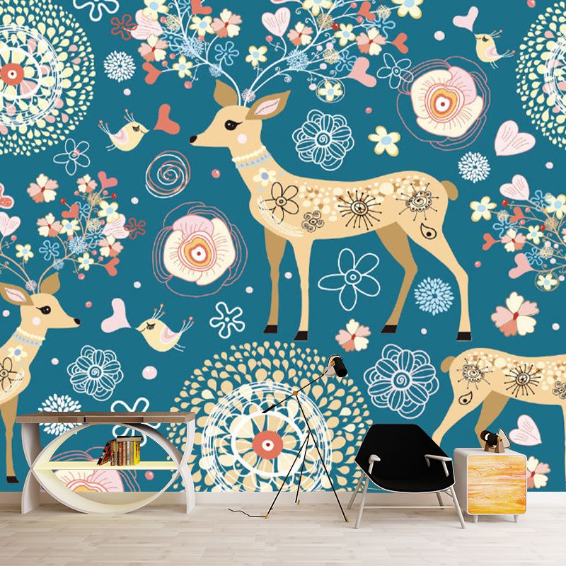 Yellow-Blue Sika Deer Murals Animal Childrens Art Moisture Resistant Wall Decor for Nursery