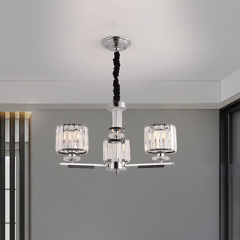 Drum Pendant Chandelier Simple Crystal Block 3/6-Head Black Ceiling Light with Radial Design