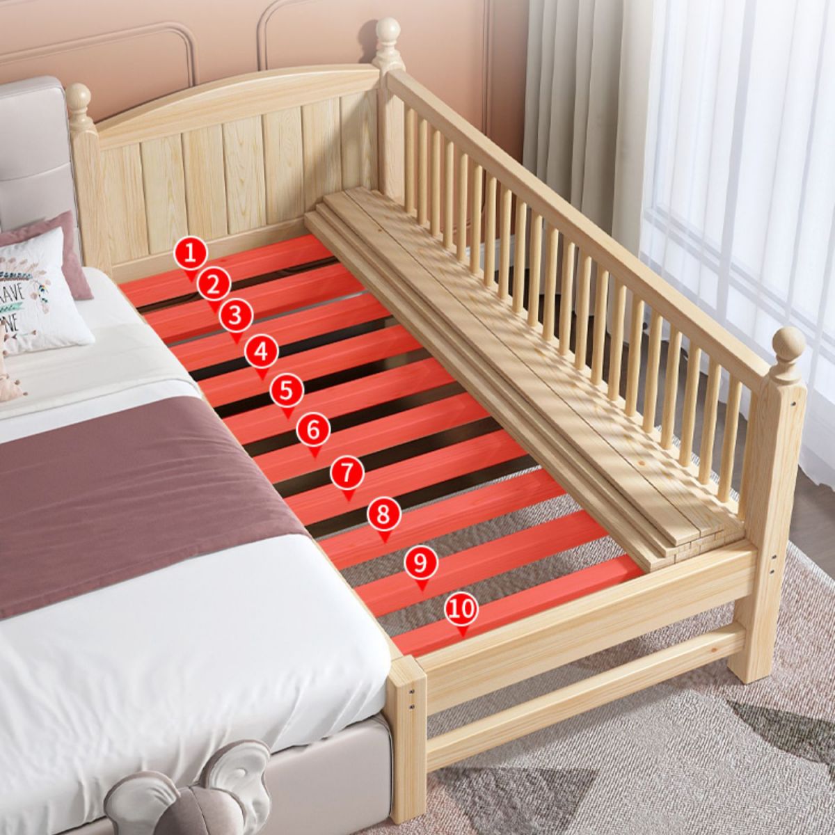 Washed Natural Pine Nursery Crib Modern Nursery Crib with Guardrail