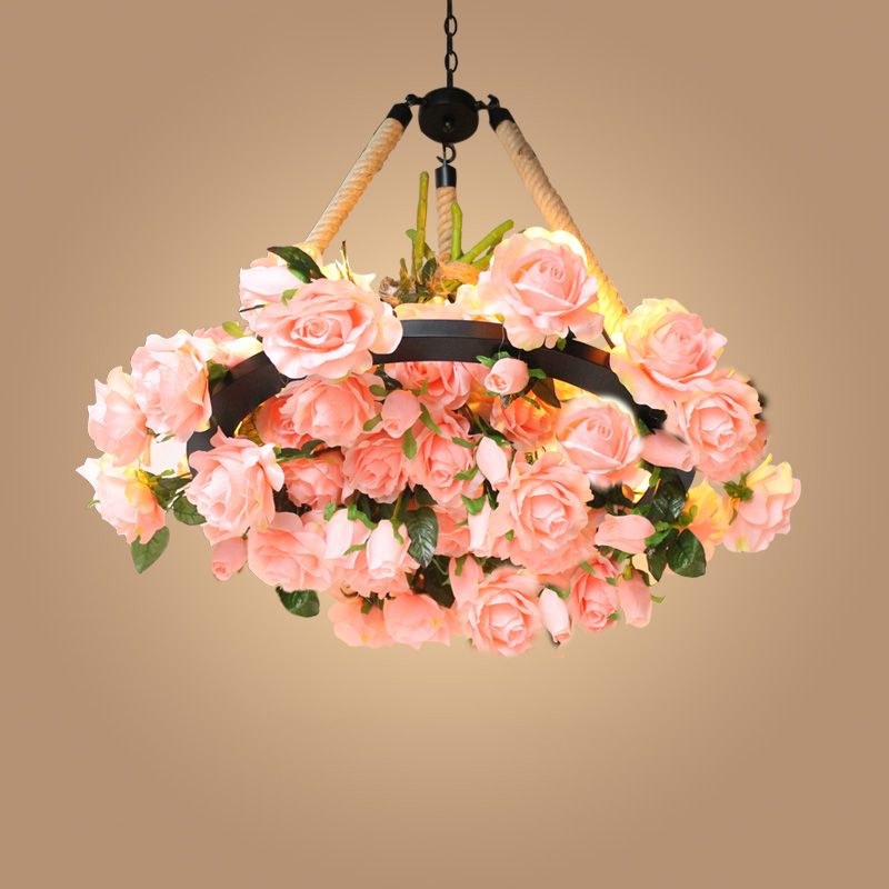 Antique Round Pendant Chandelier 6 Lights Iron Flower Hanging Ceiling Light with Hemp Rope in Yellow/Pink/Light Pink