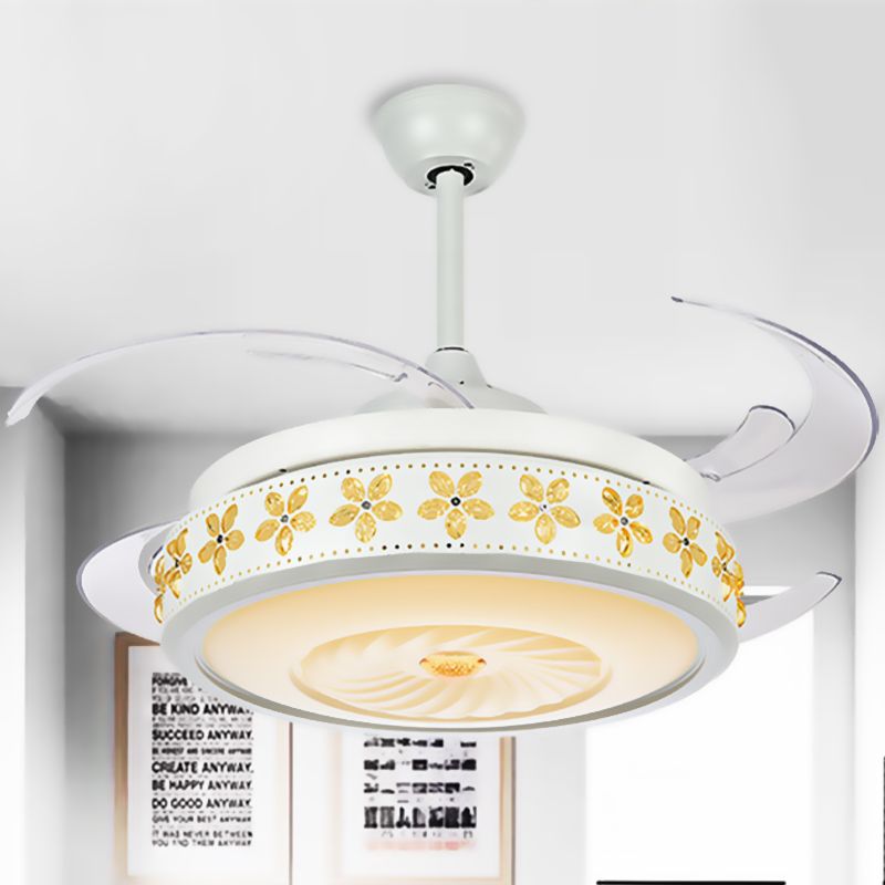 Modern Stylish LED Ceiling Fan Light Metallic White Vortex Semi Flush Lamp with Embedded Amber Crystal Accent