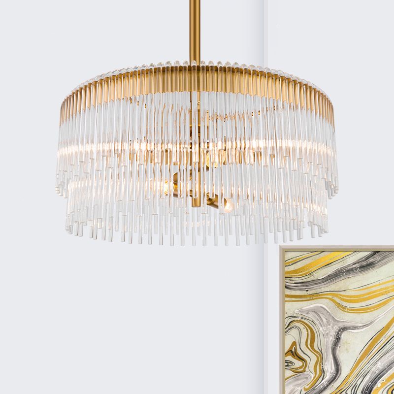 Clear Crystal Pipe Hanging Chandelier Contemporary 6 Lights Ceiling Pendant Light in Brass Finish for Living Room