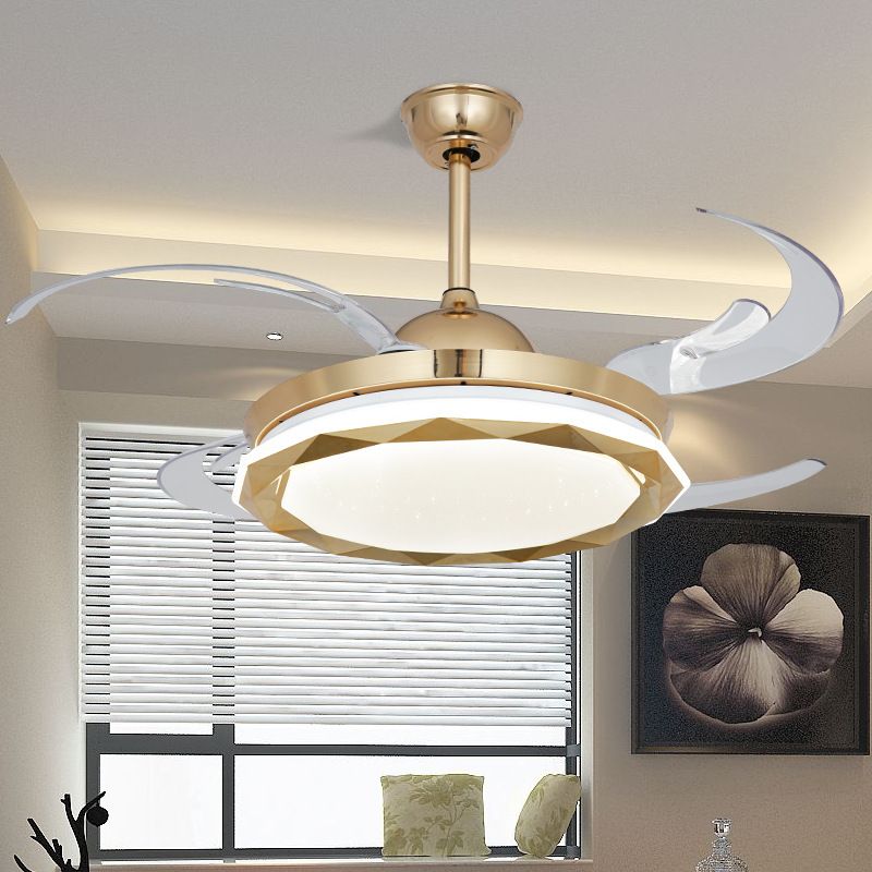 Circular Bedroom Hanging Fan Lighting Simplicity Acrylic LED Gold Semi Flush Mount Light with 8 Clear Blades, 42" Width