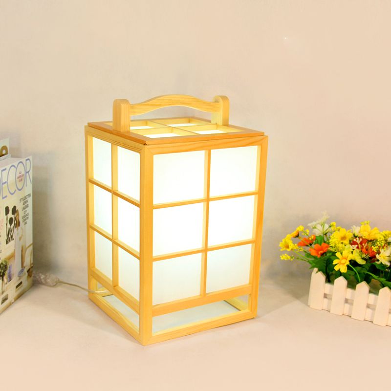 Japanese Rectangular Table Light Wood 1 Bulb Small Desk Lamp in Beige with Handle