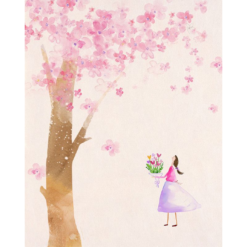 Non-Woven Home Decor Murals Decal Kids Style Girl under Blossom Tree Wall Covering
