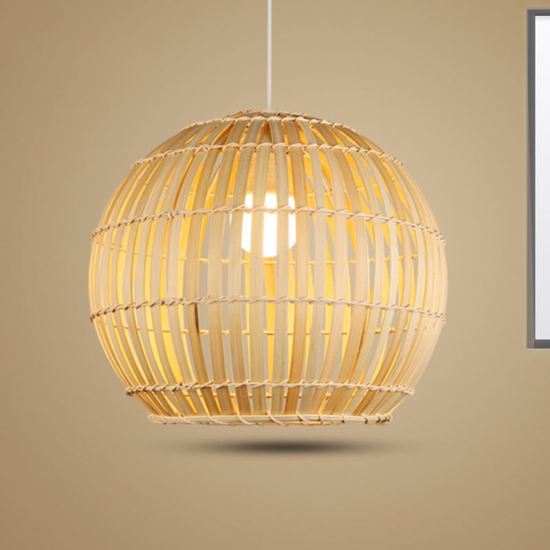 Bamboo Hand-Knitted Hanging Pendant Light with Globe Shade Modern 12"/16" Wide 1 Light Suspension Lamp in Beige