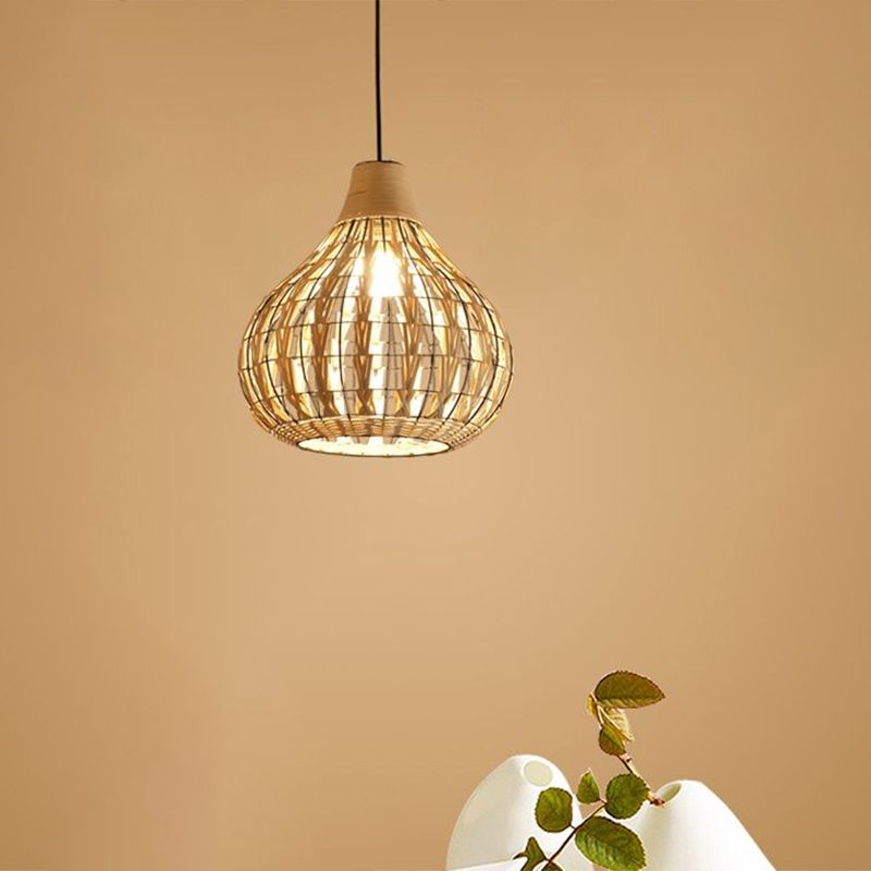 Beige Teardrop Suspension Lighting Asian 1 Bulb Rattan Pendant Lamp for Restaurant