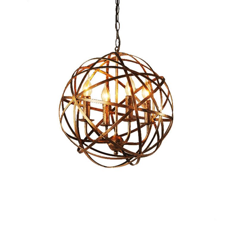 Industrial Orb Single Pendant Light Strap Globe Metal Cage Shade Hanging Lamp for Living Room