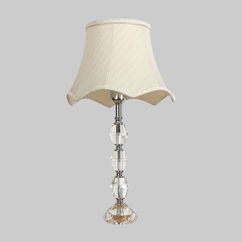 1-Light Bedroom Night Table Light Minimalism Beige Crystal Nightstand Lamp with Scalloped Fabric Shade