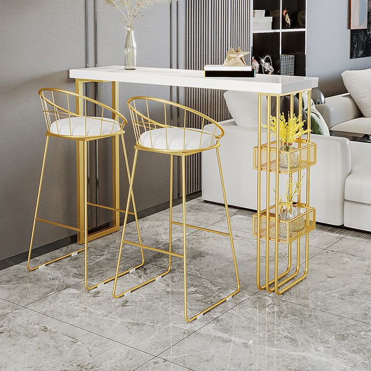 White Top Bar Table with Storage Base Glam Pub Table with Gold Metal Frame