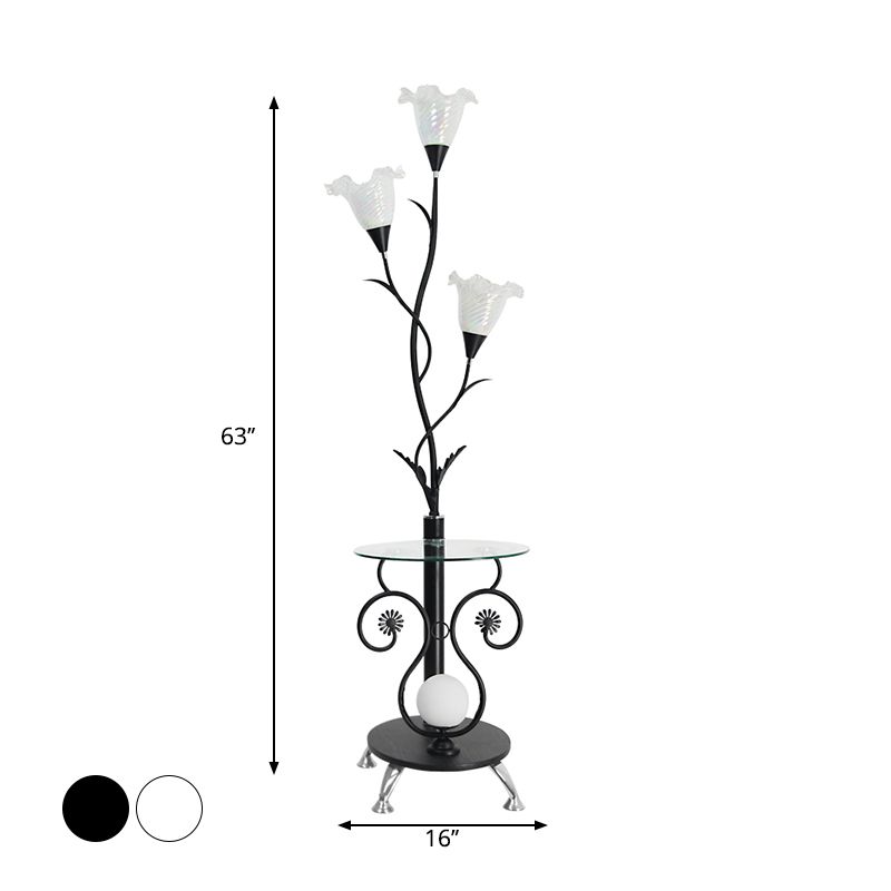 3 Lights Faceted Glass Floor Light Countryside Black/White Floral Shade Living Room Standing Floor Lamp