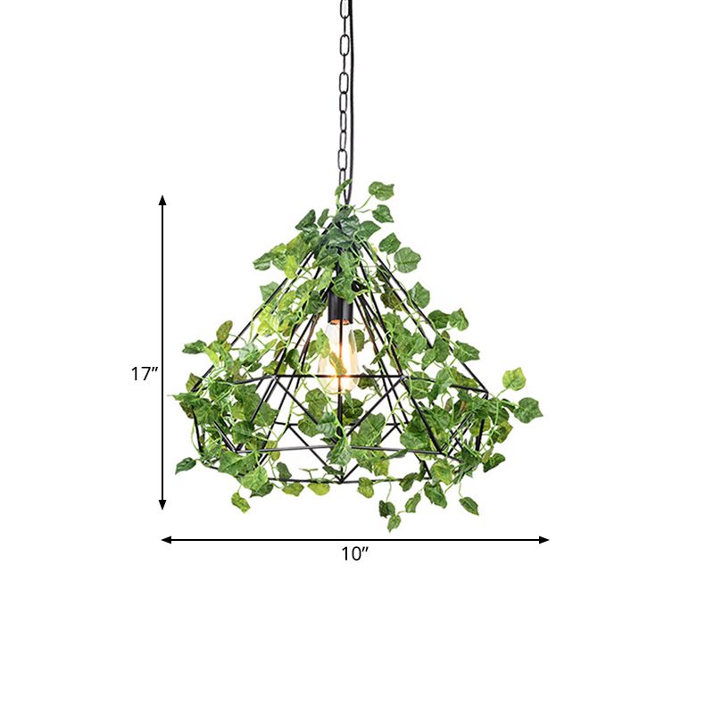 Black 1 Bulb Pendant Lamp Antique Metal Diamond LED Plant Suspension Light for Restaurant, 10"/15"/18" Width