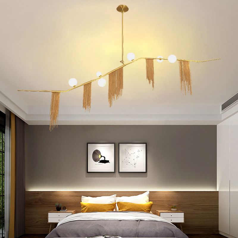 Golden Linear Chandelier Pendant Light with Bubble Shade Modern 6/9 Heads Opal Glass Hanging Fixture for Bedroom