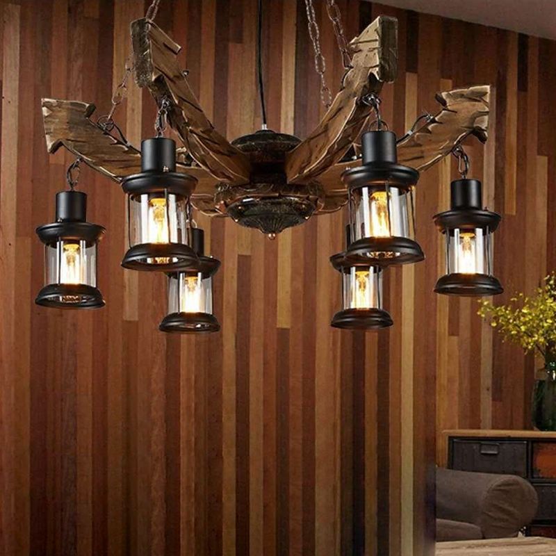 Wood Ceiling Hanging Light Fixture Coastal Black Shaded Restaurant Chandelier Lighting Fixture