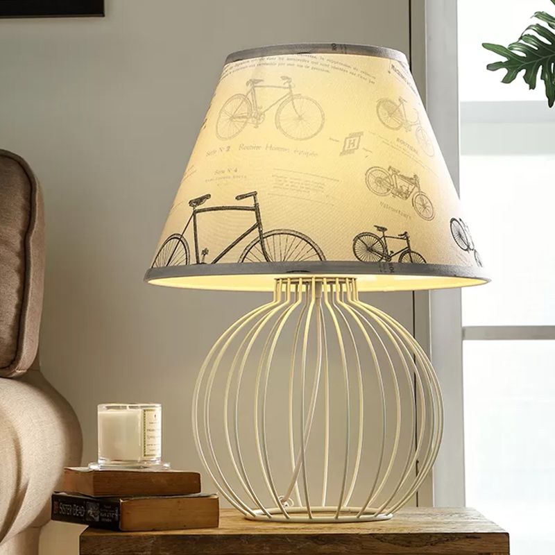 White 1-Light Desk Lamp Traditionalist Fabric Night Table Light with Spherical Wire Cage Base