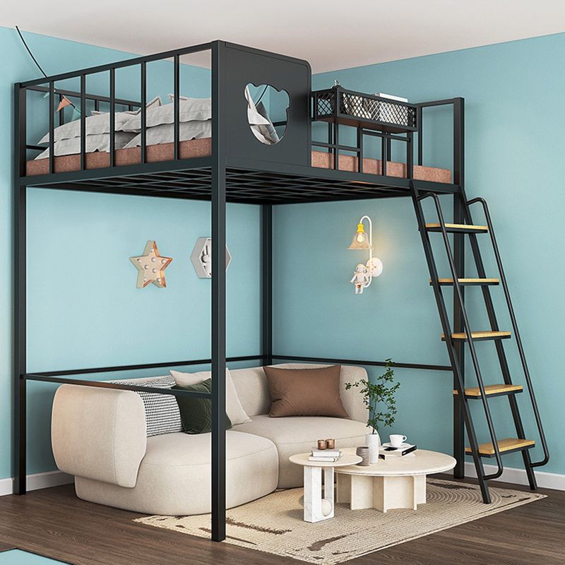 Contemporary Loft Bed in Iron with Guardrail and Staircase/Built-In Ladder