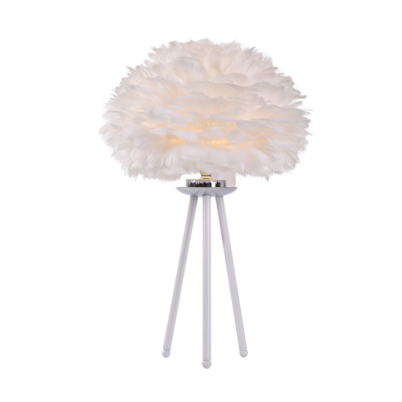 Modernist Feather Table Light Fabric 1-Light Bedside Nightstand Lamp in White with Tripod Base