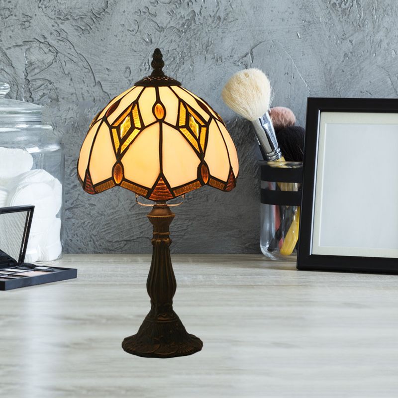 Bronze Domed Desk Lamp Mediterranean 1 Light Beige Glass Rhombus Patterned Night Light