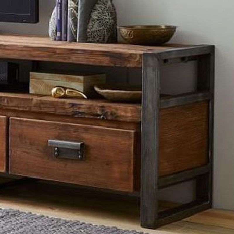 Industrial Wooden Media Console with Drawers, Brown Stand Console