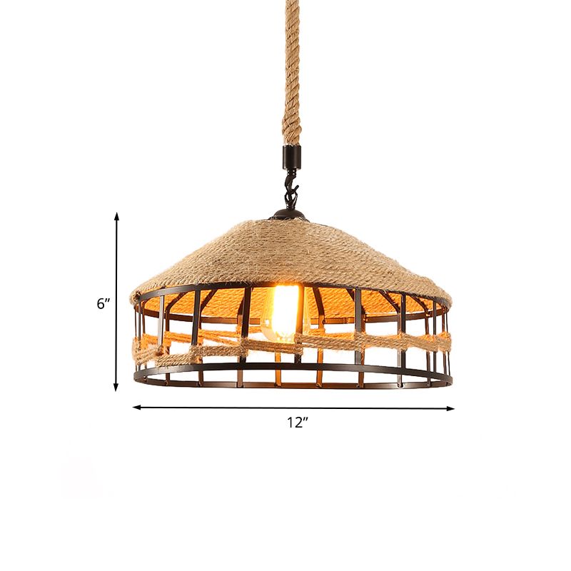 Mongoolse yurts touw hanger vintage 1 licht restaurant plafond hang armatuur in beige met draadkooi, 12 "/16" /19,5 "w