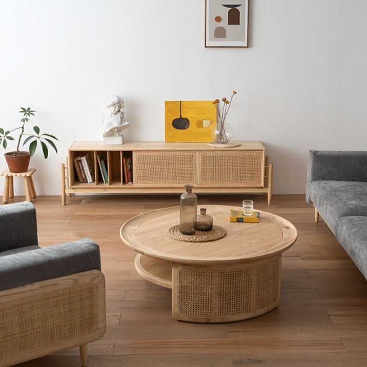 Wood Round 1 Single Coffee Table Nordic 2 - Tier Cocktail Table with Rattan Accent